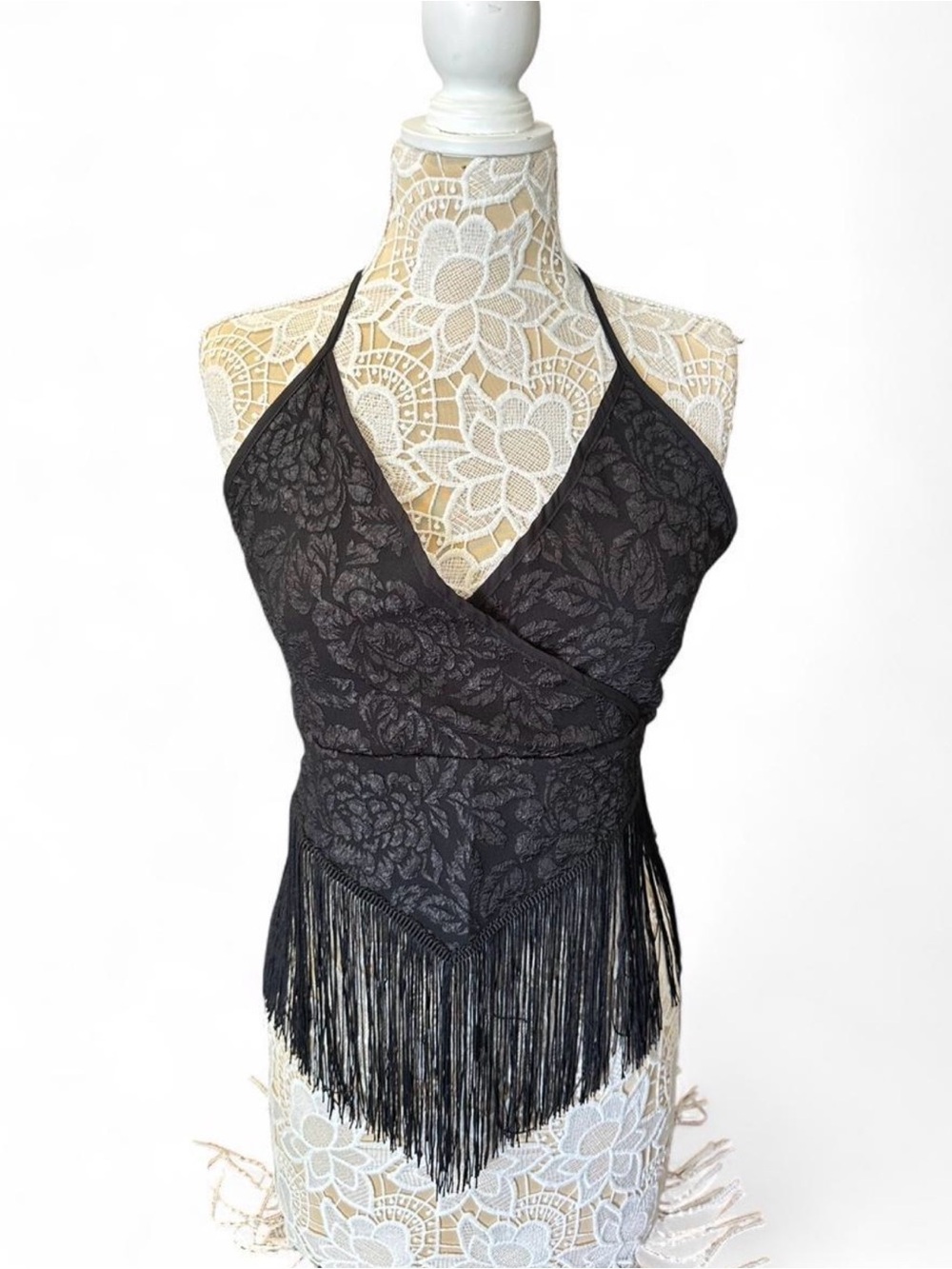 Black Fringe Halter Crop Top - Women's Stylish Evening Top